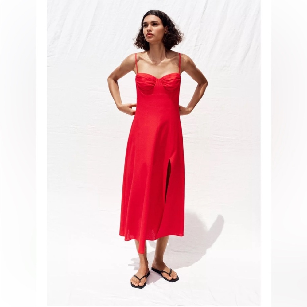 Zara Linen Corset Red Midi Dress